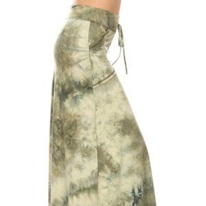 Olive Tie Dye Flare Hem Pockets Drawstring Wide Band Maxi Skirt Large